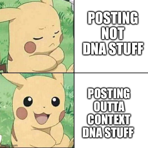 Mood rn | POSTING NOT DNA STUFF; POSTING OUTTA CONTEXT DNA STUFF | image tagged in pikachu hotline bling,pikachu,msmg | made w/ Imgflip meme maker