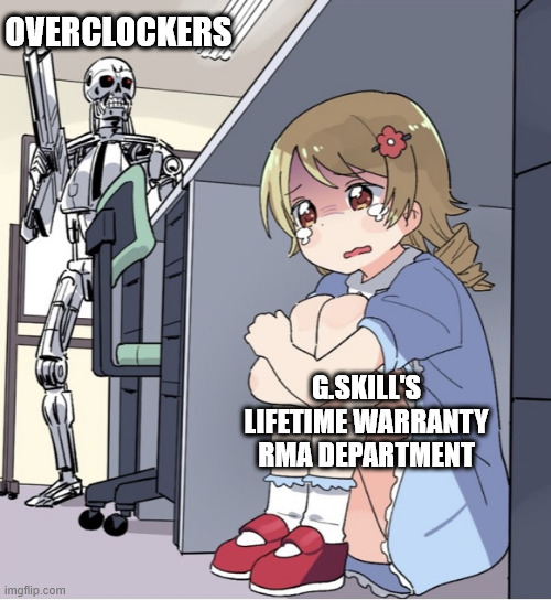 Anime Girl Hiding from Terminator | OVERCLOCKERS; G.SKILL'S LIFETIME WARRANTY RMA DEPARTMENT | image tagged in anime girl hiding from terminator | made w/ Imgflip meme maker