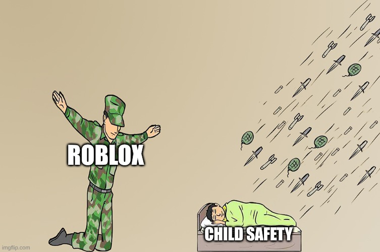 ngl the new chat update is horrible | ROBLOX; CHILD SAFETY | image tagged in soldier not protecting child,roblox | made w/ Imgflip meme maker