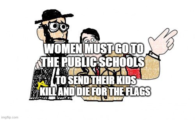 Nazis Everywhere | WOMEN MUST GO TO THE PUBLIC SCHOOLS; TO SEND THEIR KIDS KILL AND DIE FOR THE FLAGS | image tagged in nazis everywhere | made w/ Imgflip meme maker