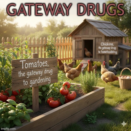 Gateway drugs: tomatoes to gardening, and chickens to homesteading | GATEWAY DRUGS | made w/ Imgflip meme maker