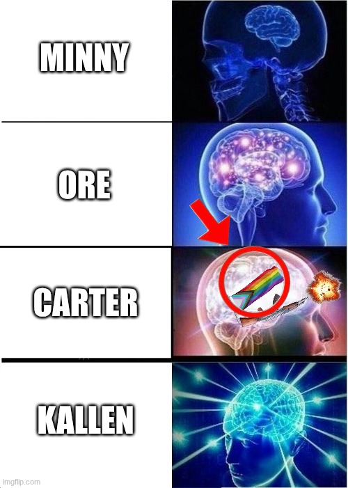Expanding Brain | MINNY; ORE; CARTER; KALLEN | image tagged in memes,expanding brain | made w/ Imgflip meme maker