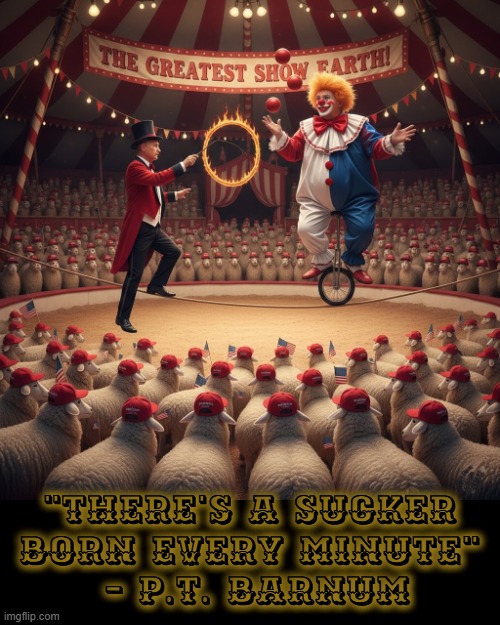"There's a sucker born every minute" | "THERE'S A SUCKER BORN EVERY MINUTE"
 - P.T. BARNUM | image tagged in there's a sucker born every minute,pt barnum,circus,trump,putin,maga | made w/ Imgflip meme maker
