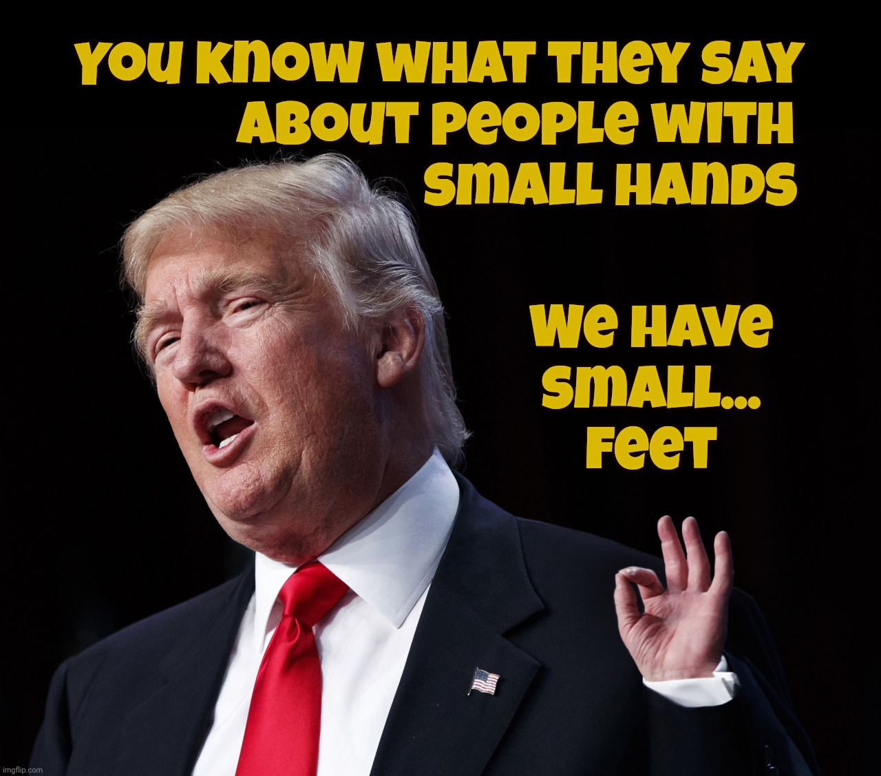 We have small... feet; You know what they say
             about people with
                             small hands | made w/ Imgflip meme maker