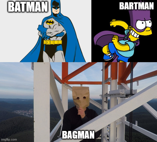 The Triple B Crew | BARTMAN; BATMAN; BAGMAN | image tagged in lattice climbing,latticeclimbing,the simpsons,bartman,batman slapping robin,bagman | made w/ Imgflip meme maker