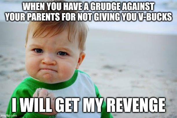 WHERE IS MY V-BUCKS | WHEN YOU HAVE A GRUDGE AGAINST YOUR PARENTS FOR NOT GIVING YOU V-BUCKS; I WILL GET MY REVENGE | image tagged in memes,success kid original | made w/ Imgflip meme maker
