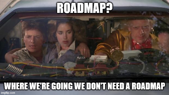 Programming personal projects vs business projects | ROADMAP? WHERE WE'RE GOING WE DON'T NEED A ROADMAP | image tagged in back to the future roads | made w/ Imgflip meme maker
