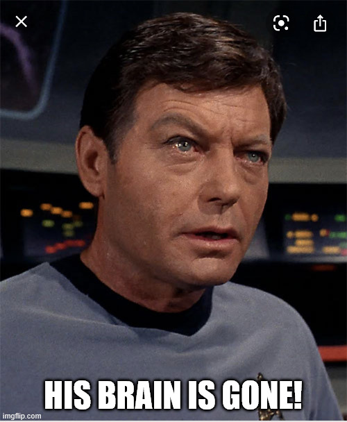 HIS BRAIN IS GONE! | image tagged in dr mccoy | made w/ Imgflip meme maker