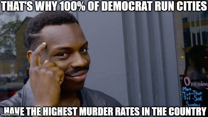 Roll Safe Think About It Meme | THAT'S WHY 100% OF DEMOCRAT RUN CITIES HAVE THE HIGHEST MURDER RATES IN THE COUNTRY | image tagged in memes,roll safe think about it | made w/ Imgflip meme maker