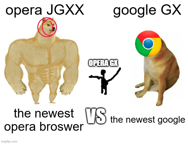 opera JGXX VS GOOGLE GX | opera JGXX; google GX; OPERA GX; VS; the newest opera broswer; the newest google | image tagged in memes,buff doge vs cheems | made w/ Imgflip meme maker