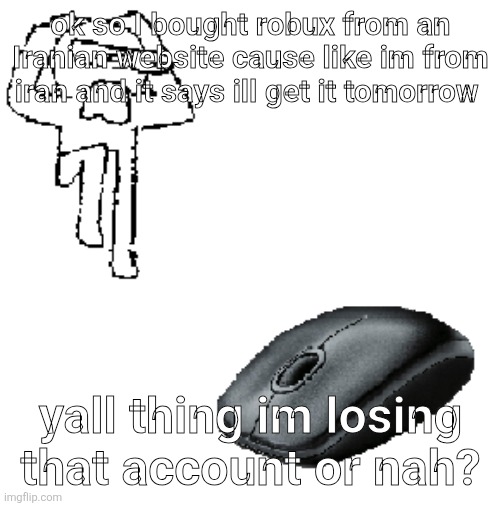 AHDHKAHD A MOUSE | ok so I bought robux from an Iranian website cause like im from iran and it says ill get it tomorrow; yall thing im losing that account or nah? | image tagged in ahdhkahd a mouse | made w/ Imgflip meme maker