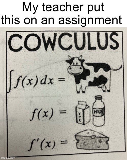 Cowculus | My teacher put this on an assignment | image tagged in math | made w/ Imgflip meme maker