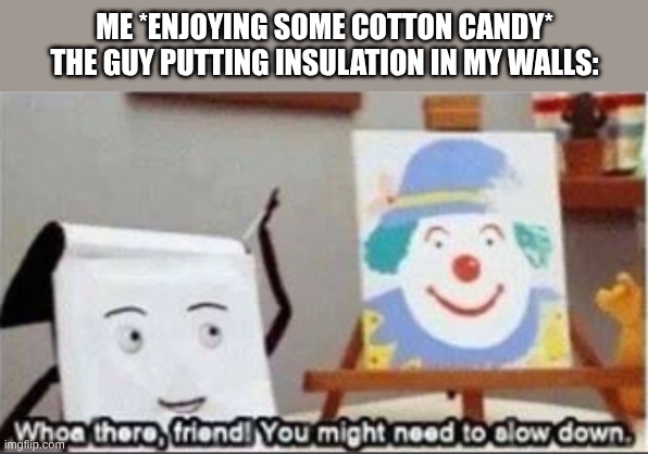 Fiberglass | ME *ENJOYING SOME COTTON CANDY*
THE GUY PUTTING INSULATION IN MY WALLS: | image tagged in whoa there friend you might need to slow down | made w/ Imgflip meme maker
