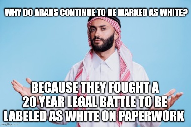 WHY DO ARABS CONTINUE TO BE MARKED AS WHITE? BECAUSE THEY FOUGHT A 20 YEAR LEGAL BATTLE TO BE LABELED AS WHITE ON PAPERWORK | image tagged in funny memes | made w/ Imgflip meme maker