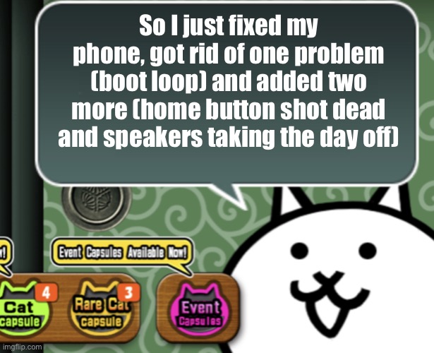 I have only had this pleb for two years help- | So I just fixed my phone, got rid of one problem (boot loop) and added two more (home button shot dead and speakers taking the day off) | image tagged in the basic cat says something | made w/ Imgflip meme maker