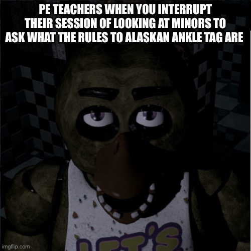 chica death stare | PE TEACHERS WHEN YOU INTERRUPT THEIR SESSION OF LOOKING AT MINORS TO ASK WHAT THE RULES TO ALASKAN ANKLE TAG ARE | image tagged in chica death stare | made w/ Imgflip meme maker