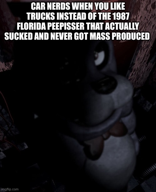 Bonnie FNAF 1 | CAR NERDS WHEN YOU LIKE TRUCKS INSTEAD OF THE 1987 FLORIDA PEEPISSER THAT ACTUALLY SUCKED AND NEVER GOT MASS PRODUCED | image tagged in bonnie fnaf 1 | made w/ Imgflip meme maker