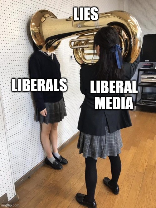 Girl Putting Tuba on Girl's Head | LIES; LIBERALS; LIBERAL MEDIA | image tagged in girl putting tuba on girl's head,political correctness,media lies,lies,false teachers | made w/ Imgflip meme maker