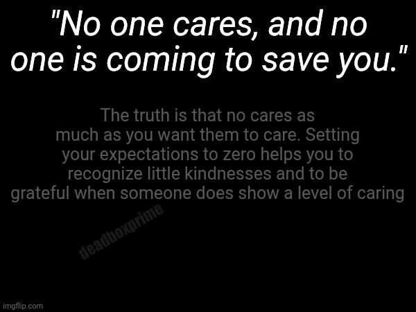 Fine print | "No one cares, and no one is coming to save you."; The truth is that no cares as much as you want them to care. Setting your expectations to zero helps you to recognize little kindnesses and to be grateful when someone does show a level of caring; deadboxprime | image tagged in fine print | made w/ Imgflip meme maker