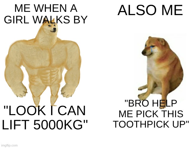 TRANSFORMATION FR ? | ME WHEN A GIRL WALKS BY; ALSO ME; "BRO HELP ME PICK THIS TOOTHPICK UP"; "LOOK I CAN LIFT 5000KG" | image tagged in memes,buff doge vs cheems | made w/ Imgflip meme maker