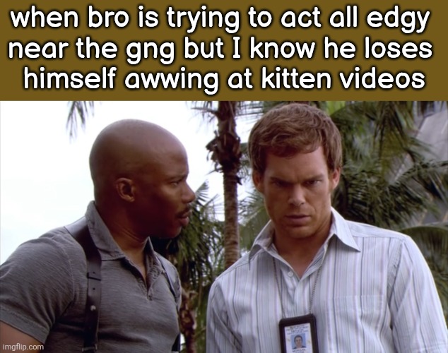 Sgt Doakes and Dexter | when bro is trying to act all edgy 
near the gng but I know he loses 
himself awwing at kitten videos | image tagged in sgt doakes and dexter | made w/ Imgflip meme maker