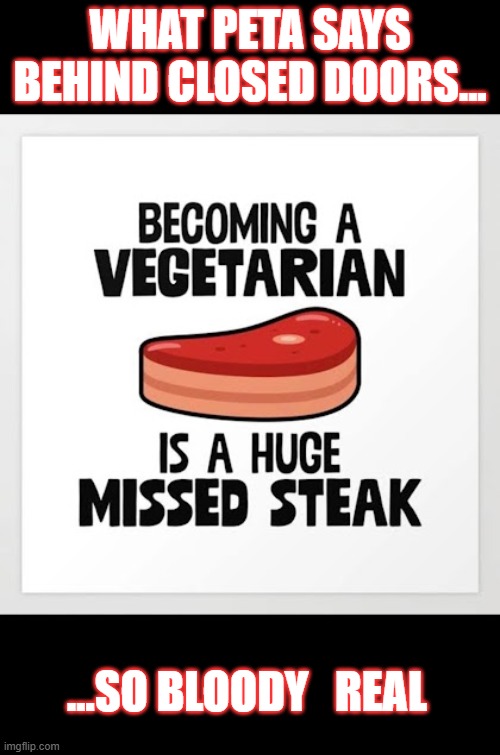 Becoming a vegetarian is a huge missed steak | WHAT PETA SAYS BEHIND CLOSED DOORS... ...SO BLOODY   REAL | image tagged in peta,vegetarian,steak,carnivores,liberal hypocrisy | made w/ Imgflip meme maker