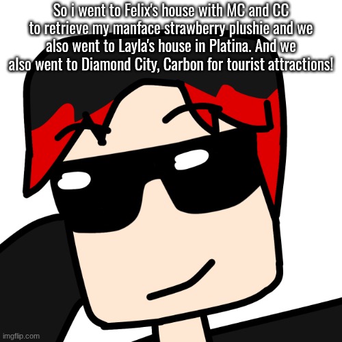 What a big day and activity for the three | So i went to Felix's house with MC and CC to retrieve my manface strawberry plushie and we also went to Layla's house in Platina. And we also went to Diamond City, Carbon for tourist attractions! | image tagged in mlg william,william,diamond city | made w/ Imgflip meme maker