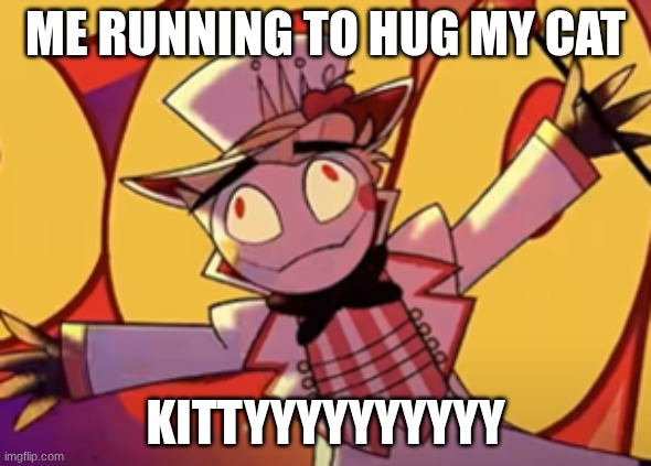 kitty | ME RUNNING TO HUG MY CAT; KITTYYYYYYYYYY | image tagged in silly lucifer,cat | made w/ Imgflip meme maker