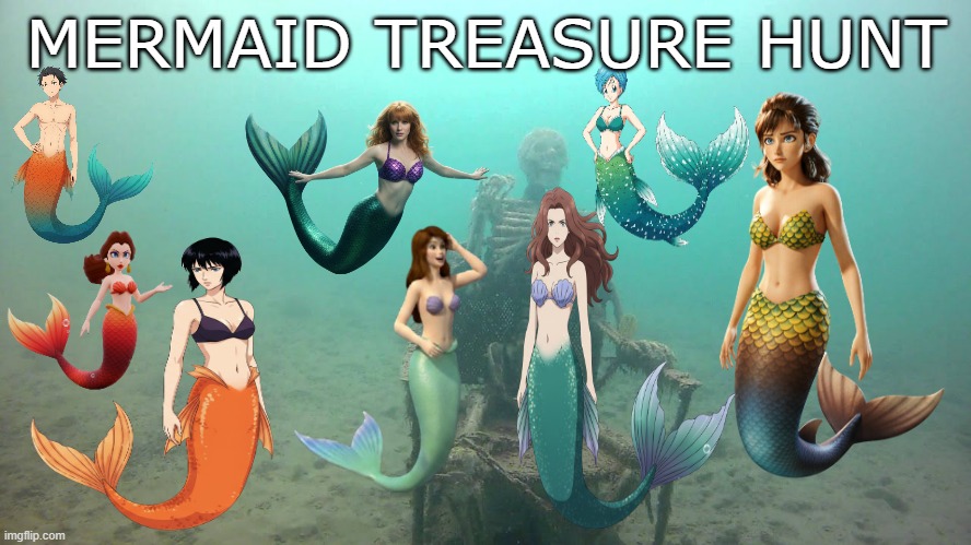 mermaid treasure hunt | MERMAID TREASURE HUNT | image tagged in skeleton on a chair underwater,treasure,hunting,merpeople,crossover,anime | made w/ Imgflip meme maker