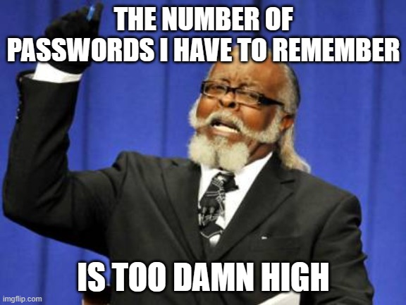 THE NUMBER OF PASSWORDS I HAVE TO REMEMBER; IS TOO DAMN HIGH | THE NUMBER OF PASSWORDS I HAVE TO REMEMBER; IS TOO DAMN HIGH | image tagged in memes,too damn high,password,password strength,emails,me trying to remember | made w/ Imgflip meme maker