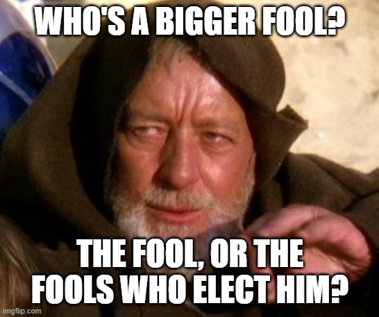 Obi Wan Kenobi Jedi Mind Trick | WHO'S A BIGGER FOOL? THE FOOL, OR THE FOOLS WHO ELECT HIM? | image tagged in obi wan kenobi jedi mind trick | made w/ Imgflip meme maker