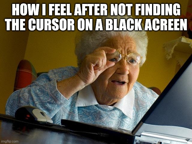 Pc meme I guess :/ | HOW I FEEL AFTER NOT FINDING THE CURSOR ON A BLACK ACREEN | image tagged in memes,grandma finds the internet | made w/ Imgflip meme maker