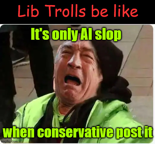 Lib Trolls be like; It's only AI slop; when conservative post it | made w/ Imgflip meme maker