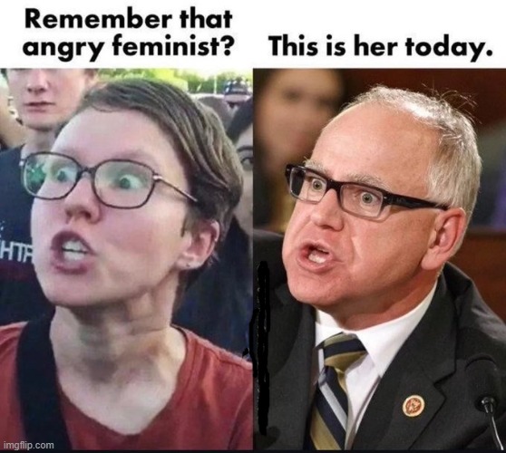 :) | image tagged in feminists,tim walz,democrats,they're the same picture | made w/ Imgflip meme maker