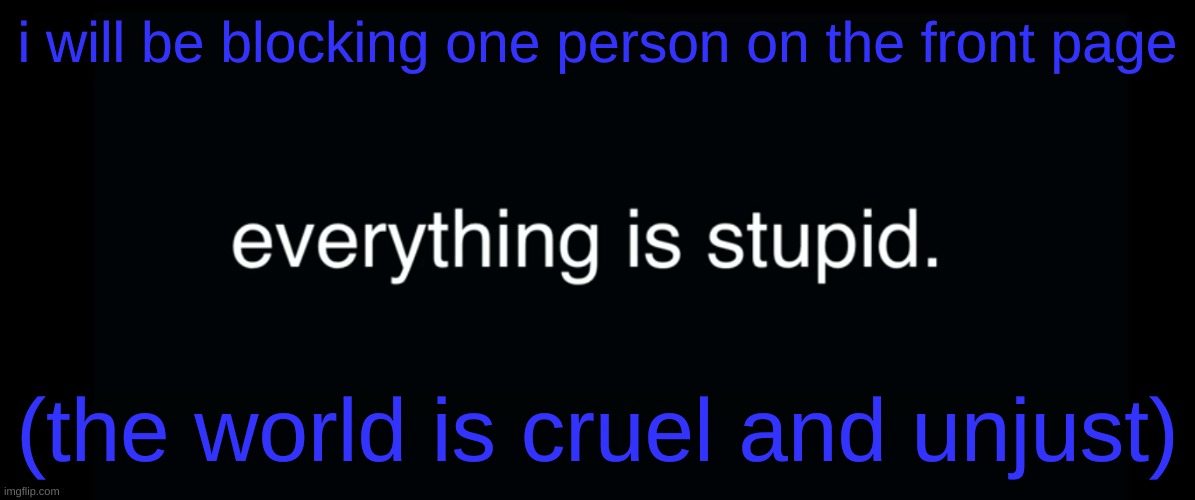 Everything is stupid bill wurtz | i will be blocking one person on the front page; (the world is cruel and unjust) | image tagged in everything is stupid bill wurtz | made w/ Imgflip meme maker