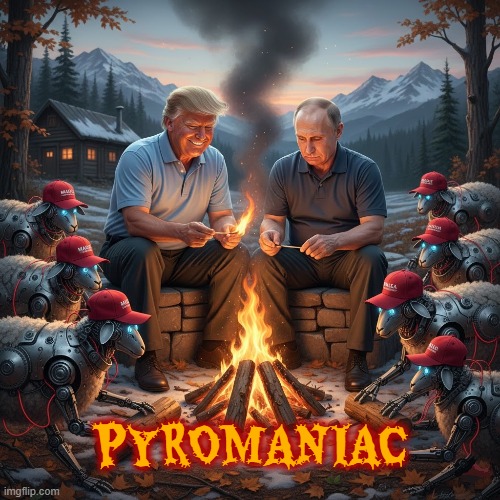 PYROMANIAC | PYROMANIAC | image tagged in pyromaniac,trump,putin,trumputin,maga,war crimes | made w/ Imgflip meme maker