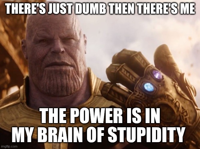 Thanos Smile | THERE'S JUST DUMB THEN THERE'S ME; THE POWER IS IN MY BRAIN OF STUPIDITY | image tagged in thanos smile | made w/ Imgflip meme maker