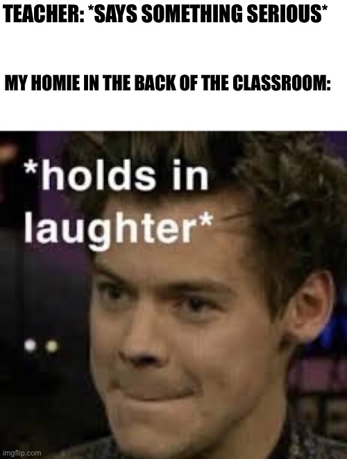 Every time. | TEACHER: *SAYS SOMETHING SERIOUS*; MY HOMIE IN THE BACK OF THE CLASSROOM: | image tagged in holds in laughter,memes,school | made w/ Imgflip meme maker