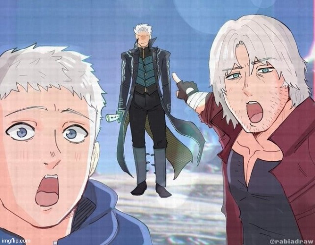 "YOO IS THAT THE GUY FROM DEVIL MAY CRY?!!" | image tagged in dmc5,devil may cry,dante,nero,vergil | made w/ Imgflip meme maker