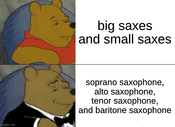 Tuxedo Winnie The Pooh | big saxes and small saxes; soprano saxophone, alto saxophone, tenor saxophone, and baritone saxophone | image tagged in memes,tuxedo winnie the pooh | made w/ Imgflip meme maker