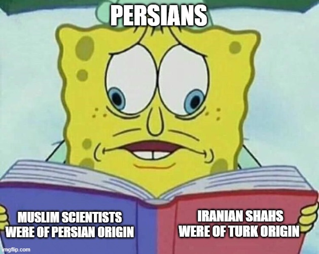 hard choice | PERSIANS; IRANIAN SHAHS WERE OF TURK ORIGIN; MUSLIM SCIENTISTS WERE OF PERSIAN ORIGIN | image tagged in cross eyed spongebob,iran,iranian,persian,origin,scientist | made w/ Imgflip meme maker
