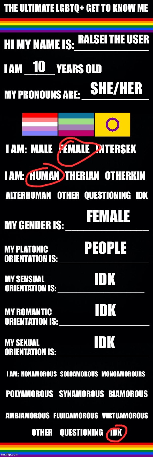 Yea | RALSEI THE USER; 10; SHE/HER; FEMALE; PEOPLE; IDK; IDK; IDK | image tagged in the ultimate lgbtq get to know me | made w/ Imgflip meme maker