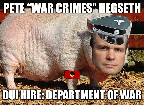 PETE “WAR CRIMES” HEGSETH; DUI HIRE: DEPARTMENT OF WAR | made w/ Imgflip meme maker