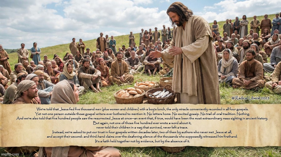 Jesus: Where Are Your Papers? | @ Radical Liberal 2025; We’re told that Jesus fed five thousand men (plus women and children) with a boy’s lunch, the only miracle conveniently recorded in all four gospels.
 Yet not one person outside those gospel writers ever bothered to mention it. No letters home. No excited gossip. No trail of oral tradition. Nothing. 
And we’re also told that five hundred people saw the resurrected Jesus at once—an event that, if true, would have been the most extraordinary mass sighting in ancient history. 
But again, not one of those five hundred ever wrote a word about it, 
never told their children in a way that survived, never left a trace. 
Instead, we’re asked to put our trust in four gospels written decades later, two of them by authors who never met Jesus at all, 
and accept their second- and third-hand claims over the deafening silence of the thousands who supposedly witnessed him firsthand. 

It’s a faith held together not by evidence, but by the absence of it. | image tagged in jesus,christianity,bible,gospels,miracles,without a trace | made w/ Imgflip meme maker