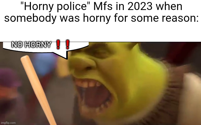Fym no horny you can't js control it (they don't know that because they're underaged) | "Horny police" Mfs in 2023 when somebody was horny for some reason:; NO HORNY ❗❗ | image tagged in shrek screaming | made w/ Imgflip meme maker