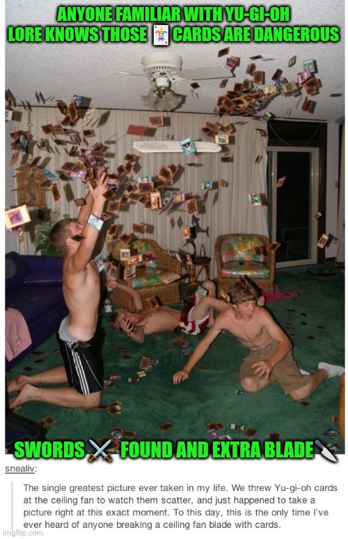 You COULD have titled this “Yu-gi-oh-no!”, but no… Pke mess | ANYONE FAMILIAR WITH YU-GI-OH LORE KNOWS THOSE 🃏CARDS ARE DANGEROUS; SWORDS ⚔️  FOUND AND EXTRA BLADE🔪 | image tagged in pokemon,cards | made w/ Imgflip meme maker