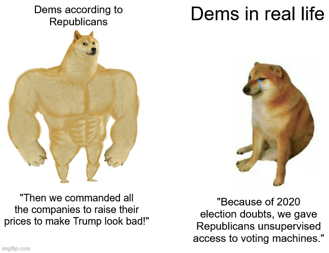 That actually happened | Dems according to
Republicans; Dems in real life; "Then we commanded all the companies to raise their prices to make Trump look bad!"; "Because of 2020 election doubts, we gave Republicans unsupervised access to voting machines." | image tagged in memes,buff doge vs cheems | made w/ Imgflip meme maker