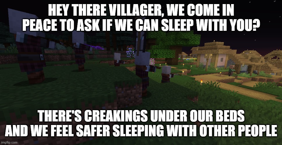 Pillager Patrol | HEY THERE VILLAGER, WE COME IN PEACE TO ASK IF WE CAN SLEEP WITH YOU? THERE'S CREAKINGS UNDER OUR BEDS AND WE FEEL SAFER SLEEPING WITH OTHER PEOPLE | image tagged in pillager patrol | made w/ Imgflip meme maker
