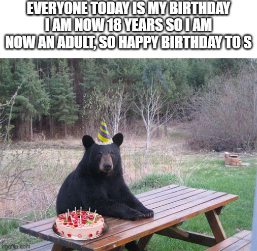 Yeah I Am Now 18 Years Old | EVERYONE TODAY IS MY BIRTHDAY I AM NOW 18 YEARS SO I AM NOW AN ADULT, SO HAPPY BIRTHDAY TO S | image tagged in birthday bear,memes,happy birthday,birthday,18,hybrid | made w/ Imgflip meme maker