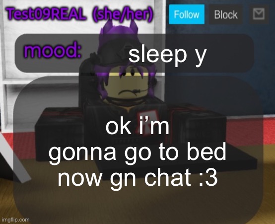 Test09 Jane Doe temp v2 | sleep y; ok i’m gonna go to bed now gn chat :3 | image tagged in test09 jane doe temp v2 | made w/ Imgflip meme maker
